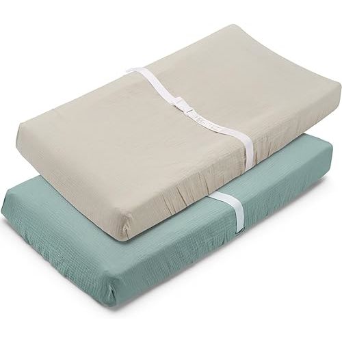 Muslin Changing Pad Cover for Baby Girls Boys-2 Pack 17"x 33" Cotton Soft Breathable Diaper Changing Pad Cover-Cozy Changing Pad Sheets-Neutral Boho Sage Green & Beige