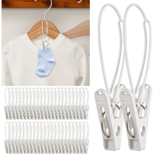 90 Pack Multi-Purpose Laundry Hooks Hanging Clips, Clothes Pins with Plastic Rope Hangers with Clips for Baby Clothes Pants Socks Towels Wardrobe & Kitchen Organization