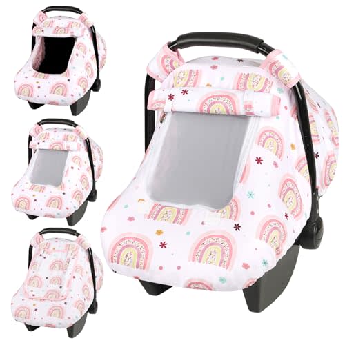 Pea Pod Car Seat Cover Baby, Infant Car Seat Canopy Covers with 2 Layers Windows of Breathable Mesh Fabric, Lightweight Polyester, Soft Minky Dot Backing (Rainbow & Floral Pattern)