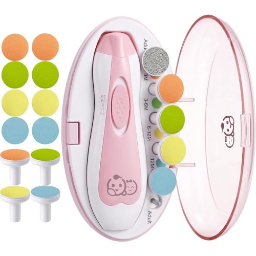 Royal Angels Upgraded 21 in 1 Baby Nail Trimmer with Labeled Case, 12 Extra Replacement Pads, Safe Electric Baby Nail File Kit for Newborns & Toddlers, Whisper Quiet Nail Clipper with LED Light (Pink)