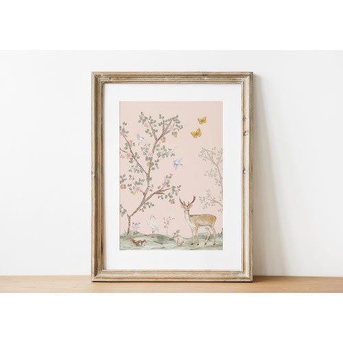 Chinoiserie Printable Wall Art, Pink Nursery Print, Woodland Nursery Art, Animal Decor, Vintage Cottage Core Poster, Girl Baby Shower Gift