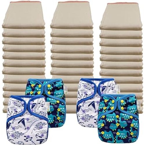 OsoCozy Economy Prefold Diaper Package - 3 Dz. Premium 4x8x4 Unbleached Better Fit 100% Cotton Prefold Diapers (14-30 lbs) & 4 One-Size Diaper Covers (2 Maritme. 2 Dragons)