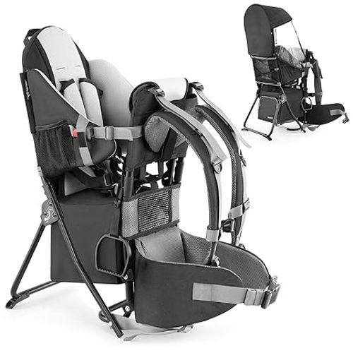 besrey Baby Backpack Carrier, Toddler Hiking Backpack with Safety 3-Height Seat, Adjustable Straps&Waist Belt, Foldable Frame Lightweight Large Capacity Child Carrier for Hiking (Black)