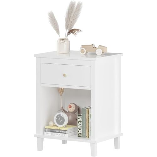 Nightstand with Drawer, 26.77''H Wooden Nightstand with Drawer & Open Storage Shelf, Modern Bedside Table for Kids, End Table for Living Room Bedroom, White