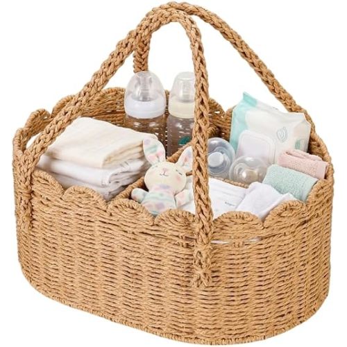 Woven Diaper Caddy for Baby, Paper Rope Storage Bin with Removable Divider, Baby Stuff Organizer for Nursery, Portable Car Storage Basket for Diapers, Baby Shower Gifts, Newborn Essentials Must Haves