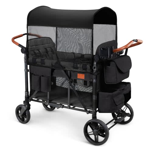 ZTDM Wagon Stroller for 4 Kids, All-Terrain Wagon for Toddler with Canopy, Parent Organizer, Shoulder Bag, Adjustable Handlebar, Phone Holder, High Seat & 5 Point Harness, Ultimate Quad (Black)