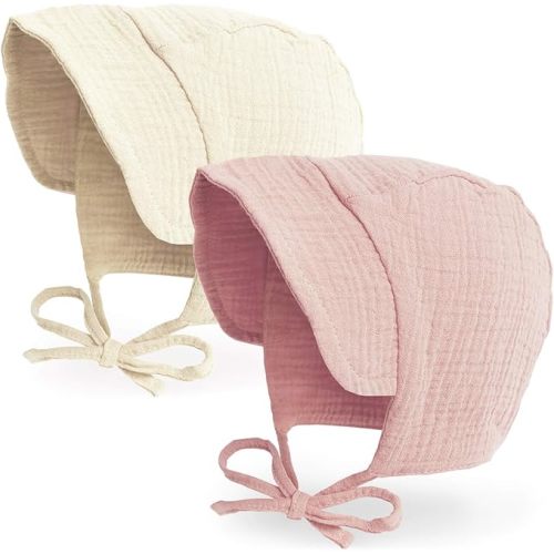 JELLYTREE Baby Hat Brimmed Sun Bonnet Muslin Double Gauze Toddler Sun Hat Infant Boys Girls Beanie Caps, 6m 12m 24m