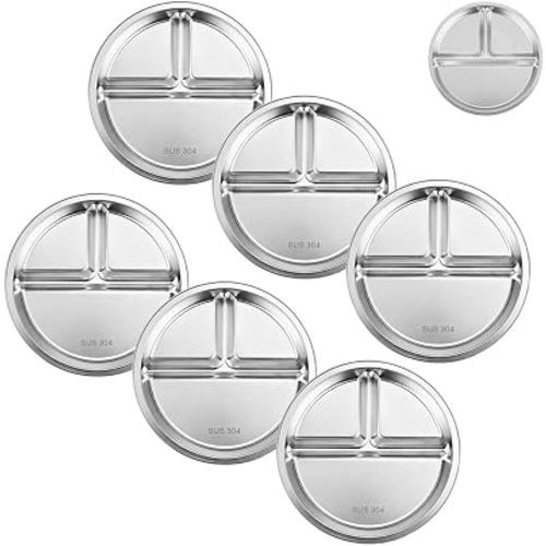 PandaEar Stainless Steel Divided Plates for Kids, 8.1” Portion Control Plates with 3 Compartments, Reusable Metal Dishes for Balanced Meals, Camping & Home Use (6, Silver)