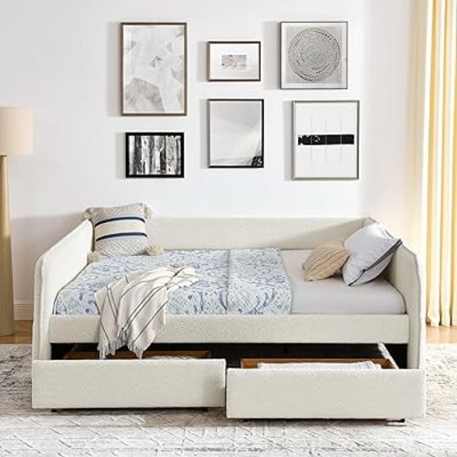 KEIKI Queen Size Boucle Upholstery Daybed with 2 Drawers, Modern Style Tufted Corner Sofa Bed Frame with Solid Wooden Slats, Easy Assembly, No Box Spring Required, for Living Room, Bedroom, Beige