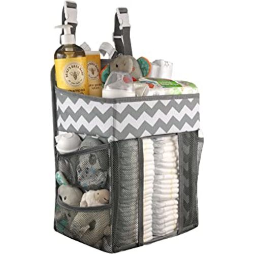 Hanging Diaper Caddy Organizer - Large Nursery Storage for Essential Newborn Baby Items - 2 Compartments, 3 Mesh Pockets - Durable Hooks to Hang on Bassinet, Changing Table, Crib