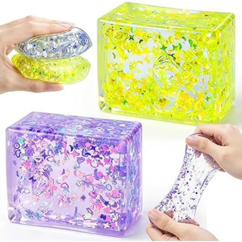 Ice Cube Squishy-Glitter Ice Cubes Maltose Fidget Toy Stress Balls for Adults Kids, Fun Squeeze Ball for Stress Relief, Holiday and Birthday Gifts, Perfect Party Toy Gift (Purple + Green)