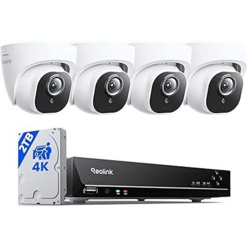 REOLINK 4K Security Camera System, 4pcs H.265 PoE Wired Turret Cameras with Person Vehicle Detection, 4K/8MP 8CH NVR with 2TB HDD for 24-7 Recording, RLK8-800D4