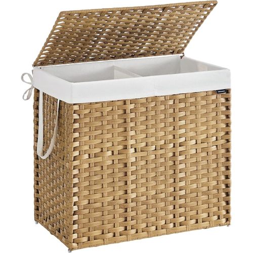SONGMICS Laundry Hamper with Lid, 42.3 Gallon (160 L) Synthetic Rattan Clothes Laundry Basket with Lid and Handles, Foldable, Removable Liner, Goose Yellow ULCB216Y01