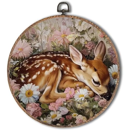 Yorhifa Vintage Floral Sleeping Fawn Framed Wall Art, Rustic Cottagecore Round Wall Art, Baby Deer Baby Animal Forest Round Walls Decor, Nature Aesthetic Circle Canvas Artwork Hanging Decor, 10x10in