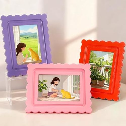 Novabright 3 Pack Colorful Scalloped Picture Frames 4 x 6 Inch Wood Wavy Fun Picture Frame Set Vertical Horizontal Photo Display for Home Desktop Decor Wedding Graduation Gifts(Pink,Red,Purple)
