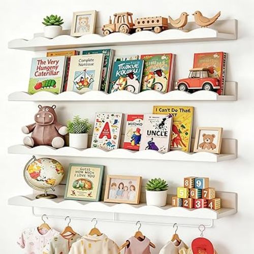Fixwal Nursery Shelves, 24 Inch Floating Bookshelves for Wall Set of 4, Scalloped Wall Book Shelves with Towel Rack for Kids, Toddler Room, Baby Room, Nursery Decor and Storage(White)