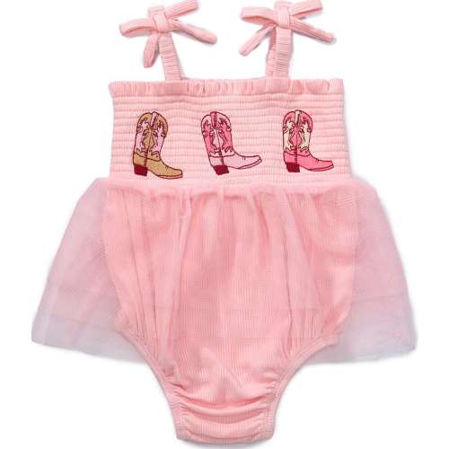 Mud Pie Baby Girls Bow Shoulder Straps Embroidered Boot Detail Tutu Crawler Dress