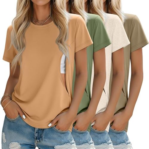 Oakgarden 4 Pack Women's Nursing Breastfeeding Shirts with Zipper Loose Fit Short Sleeve Maternity Top Nursing Clothes