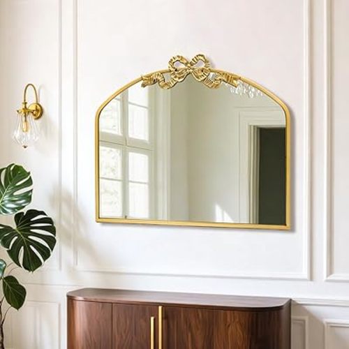 Vintage Arched Bow Gold Mirror: 28"x34" Large Antique Wall Mirrors with Metal Frame for Bathroom Vanity - Baroque Ornate Art Decor for Living Room/Fireplace/Entryway/Hallway