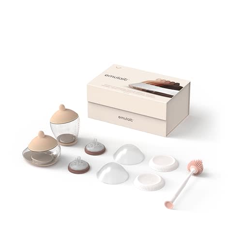 Emulait Baby Bottle Starter Kit Includes 2 Bottles 2 Nipples 2 Caps 2 Lids 2 Responsive Flow Valves, Cleaning Brush - Fair - Shape 3-RFV