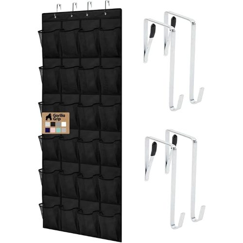 GORILLA GRIP Over the Door Shoe Organizer, 24 Large Pockets, Black