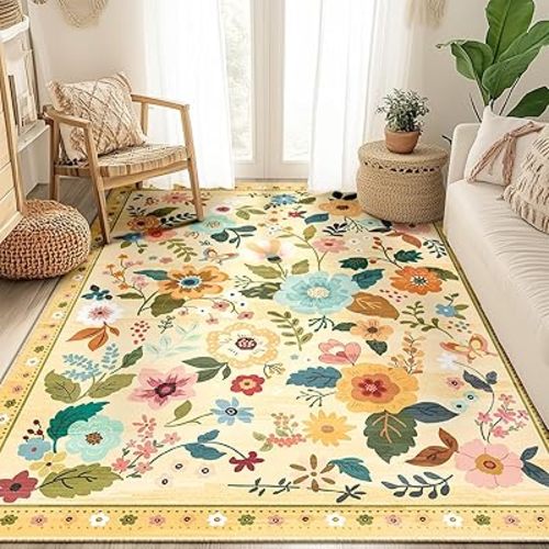 Floral Nursery 5x7 Area Rugs Washable Print Boho Cute Carpet Non Slip Flower Low Pile for Living Room Kids Girls Playroom Bedroom Kitchen Office Farmhouse-Ivory/Yellow