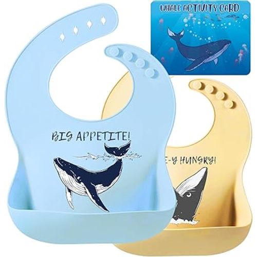 Animal Silicone Bibs for Babies - 2 Pack Sea Life Bibs for Boys and Girls - Easy to Clean Adjustable