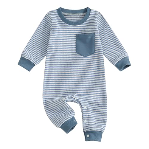 VISGOGO Newborn Infant Baby Boy Waffle Cotton Romper Clothes Onesie Stripe Jumpsuit 0 3 6 12 18 Months Long Sleeve Outfits
