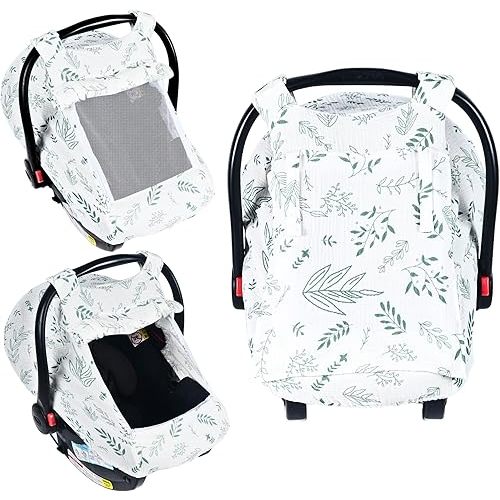 Summer Muslin Car Seat Cover Baby Girls Boys,Infant Carseat Covers with Breathable Window,3 Adjustable Modes, Lightweight Car Seat Sun Shade Cover for Babies,Green Leaf