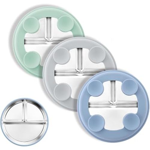 8" Stainless Steel Toddler Plates with Suction, Divided Plates with Removable Silicone Sleeves for Baby, Non Toxic & BPA Free |Unbreakable |Dishwasher Safe Dinnerware Set of 3, Blue Gray Sage