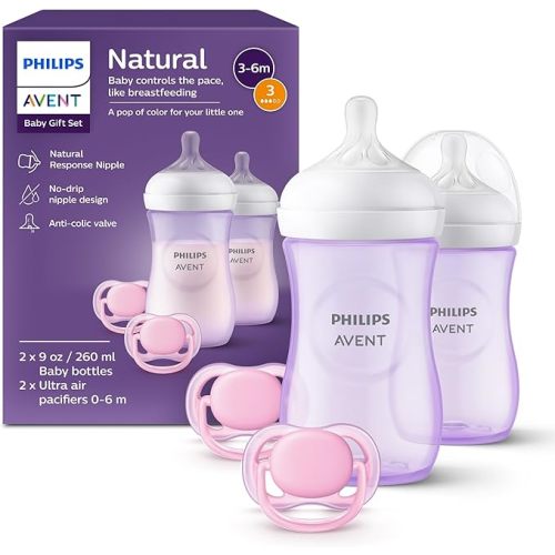 Philips Avent Natural Baby Gift Set, 2x 9oz Bottles with Natural Response Nipples (Medium Flow, Flow 3), 2x Ultra Air Pacifiers, Pink, SCD837/01