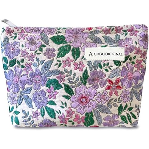 STARDW Aesthetic Floral Makeup Bag Cute Small Cosmetic Bags for Women Girls, Travel Toiletry Bag Large Capacity Zipper Makeup Pouch, Purse Organizer Pouches (Purple Florals)