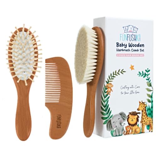 Baby Wooden Hair Brush and Comb Set for Newborn Toddler - Natural HairBrush with Soft Goat Bristle for Girl and Boy, Perfect for Cradle Cap (Oak)