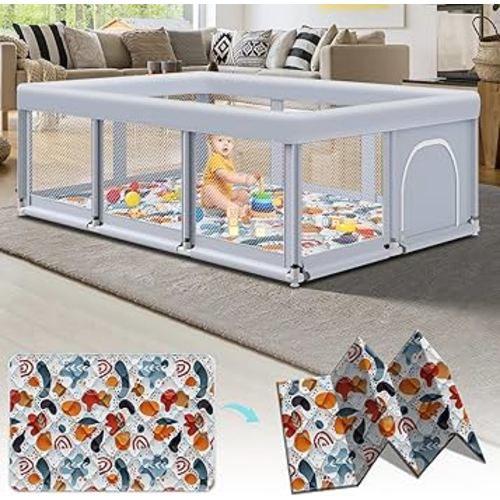 74" ×50" Large Baby Playpen, Baby Playard for Babies and Toddlers, Play Pens for Indoor & Outdoor, Sturdy Safety Play Yard with Soft Breathable Mesh, Anti-Fall, Grey (with MAT)