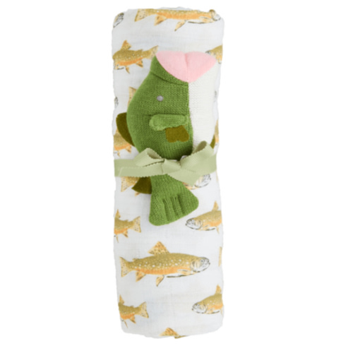 Fish-Themed Swaddle and Rattle Set for Newborns | Mud Pie