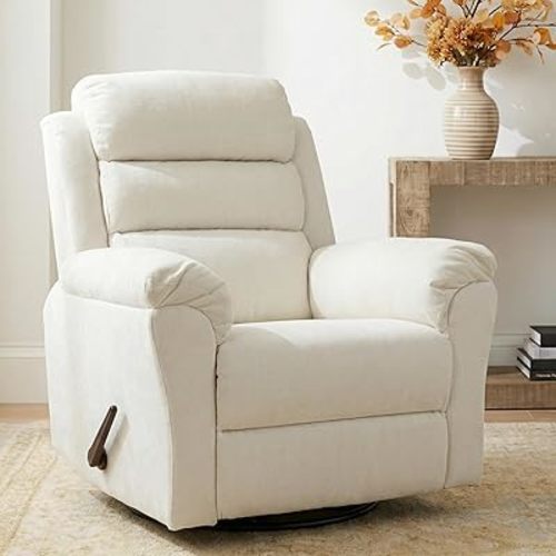 FLEXISPOT Souffle Swivel Rocker Recliner Chair for Adults, Nursery Rocking Glider Chair with Massage & Heat, FSC Wood Frame, Manual Recliner for Living Room, Nursery & Relaxation,Cream
