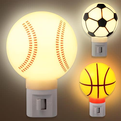 Dreyoo 3 Pack Sport Ball Nightlights Basketball Baseball Soccer Lamp Warm White Plug in Night Light for Bathroom Hallway Living Room