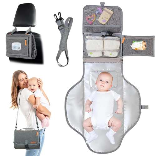 Portable Diaper Changing Pad and Travel Bag, Foldable Waterproof Changer with Integrated Wipes Pocket, Head Cushion, and Multiple Storage Pockets (Grey)