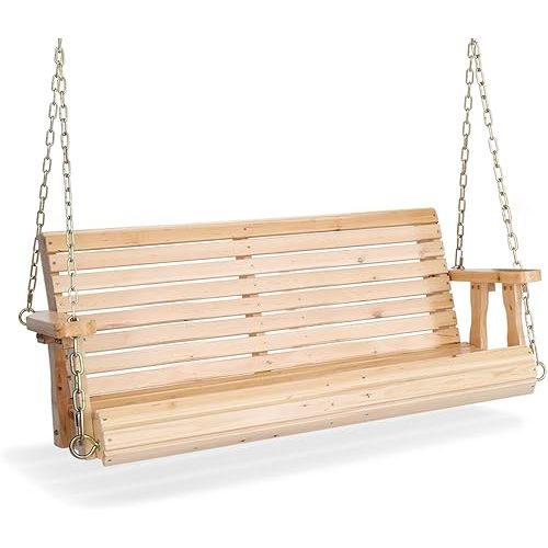 VINGLI Upgraded Patio Wooden Porch Swing for Courtyard & Garden, Heavy Duty 880 LBS Swing Chair Bench with Hanging Chains for Outdoors (Natural, 4 FT)