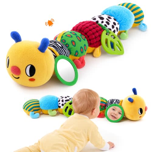 JoyCat Baby Sensory Caterpillar, Baby Toy 6-12 Months, Tummy Time Plush Toy with Mirror, Teether, Crinkle Paper, Rattle & Squeaker, Boys Girls, Soft Activity for Infants 0-18 Months