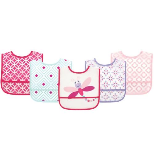 Luvable Friends Baby Girl Waterproof PEVA Bibs 5pk, Dragonfly, One Size