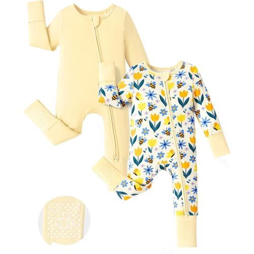 PATPAT Baby Footie Romper, Viscose from Bamboo, Long Sleeve, 2-Way Zipper, Fold-Over Mittens, Cuffs & Anti-Slip Grips