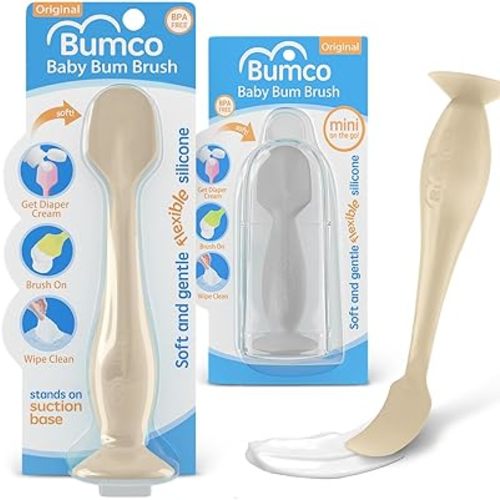 Bumco Baby Bum Brush + Mini Baby Diaper Cream Spatula with Case - BPA-Free Silicone Diaper Spatula with Suction Cup, Wipe-Clean, Mom-Invented Butt Paste Applicator (Sand & Gray)