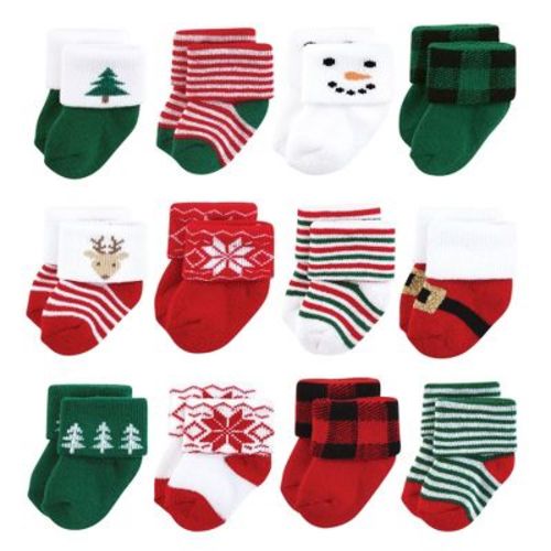 Hudson Baby Infant Baby Cotton Rich Newborn and Terry Socks 12-Pack, 12 Days Of Christmas Plaid Trees, 0-6 Months