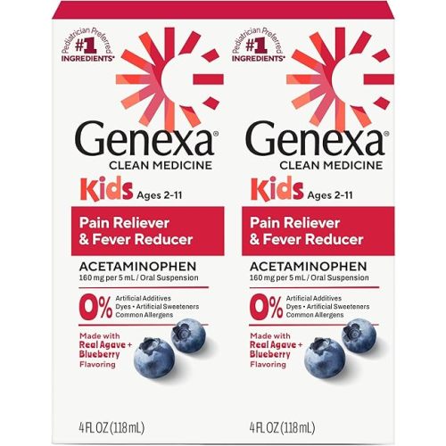 Genexa Children's Clean Acetaminophen | Pediatrician Preferred Ingredients | Pain & Fever Reducer for Kids | Dye Free, 0% Artificial Additives | Ages 2-11, Delicious Organic Blueberry Liquid, 4 fl oz