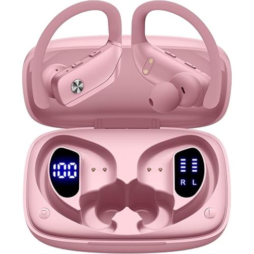 bmani Ear Buds Wireless Earbuds Bluetooth Headphones with 80H Playtime LED Display Case, Over-Ear Hook with Mic, Stereo Sound, Easy Button Controls, Sports Earphones for Running Workout Gym Pink