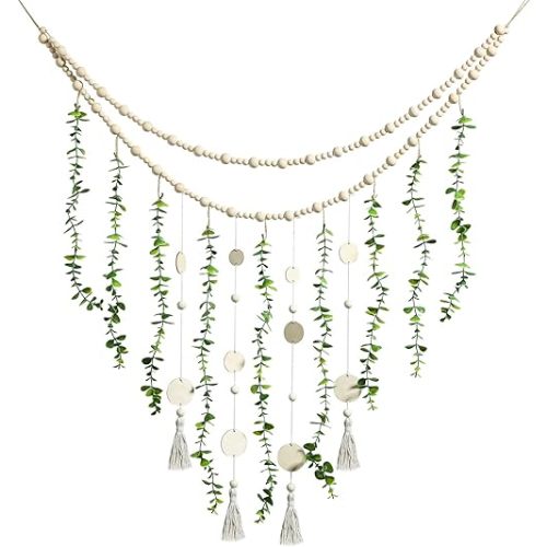 Hanging Eucalyptus Boho Wall Decor Large Boho Bedroom Wall Hanging Wooden Bead Garland Artificial Eucalyptus Natural Greenery Decoration, 36 x 36 Inch (Simple Color, Wood Chip Style)