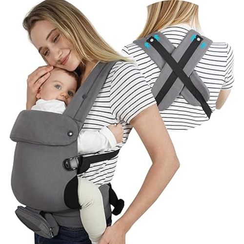 Baby Carrier Newborn to Toddler Ergonomic Wrap 4-in-1 Breathable Comfort Stable Structure, with Mobile Phone Bag, Bottle Bag, Windproof Cover, Hands-Free for Babies 7-44lbs, Adult Waistline 37-54in