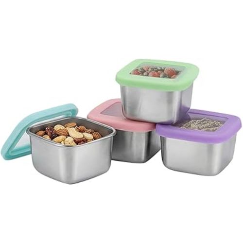 Stainless Steel Snack Containers with Clear Lids for Kids & Travel, 6oz Reusable On-the-Go Snack Boxs, Easy Open for Kids , Leak-proof & Stackable, Peek Inside Foods without Opening Bento Box (4 Pack)