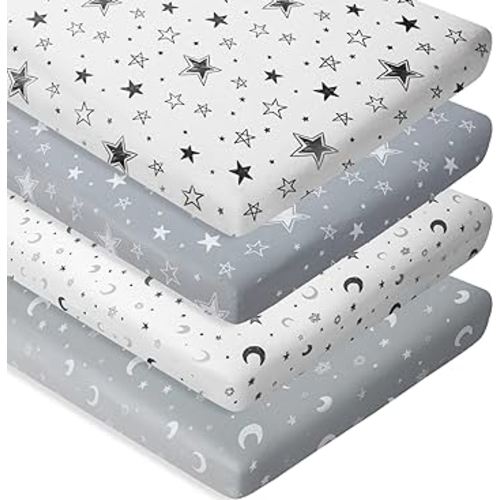 4 Pack Star and Moon Neutral Unisex Fitted Baby Sheets Set for Baby Boys or Girls (Play N)
